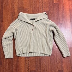 Oversized Green Rib-Knit Collared Sweater